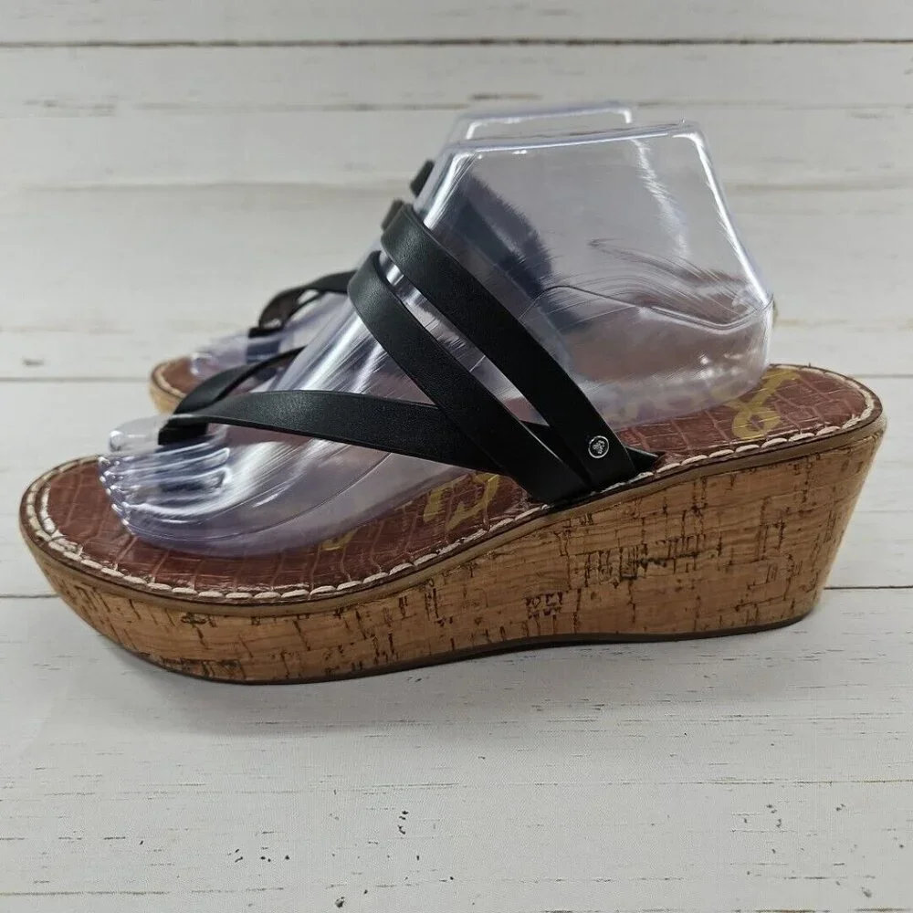 Sam‎ Edelman Sandals Womens 11 Black Rasha Comfort Strappy Cork Wedge Slip On